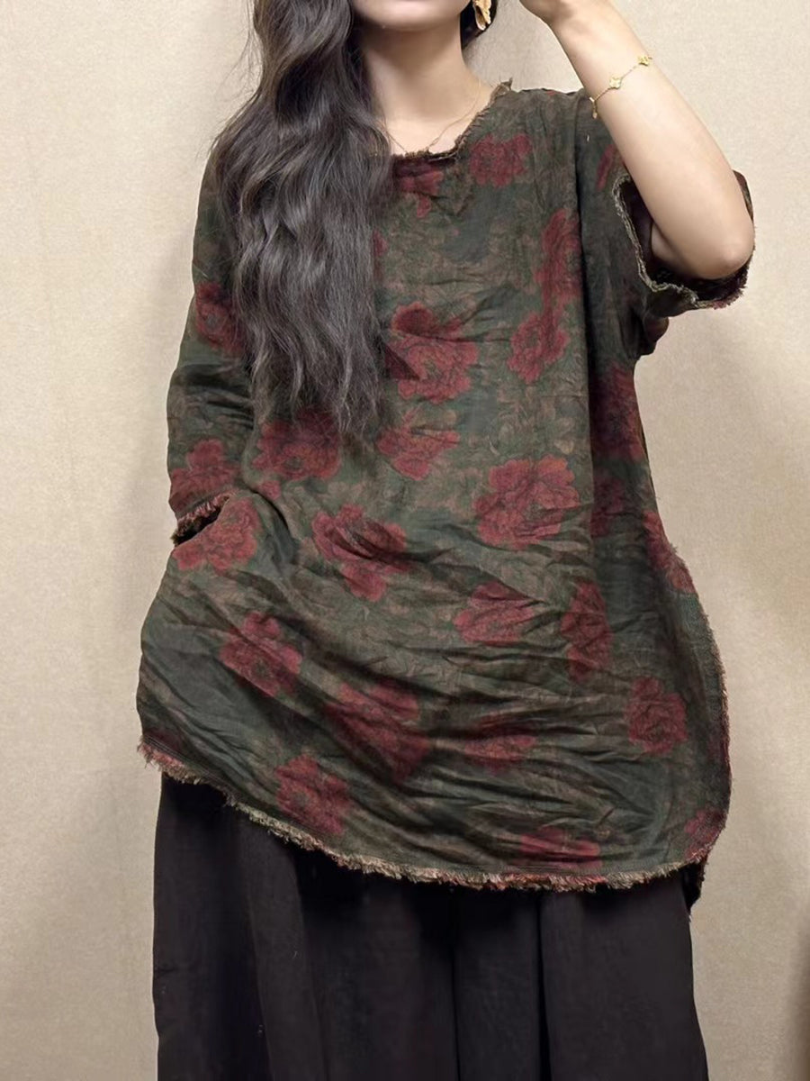 Women Summer Vintage Flower Raw-edge Linen Shirt BN1026