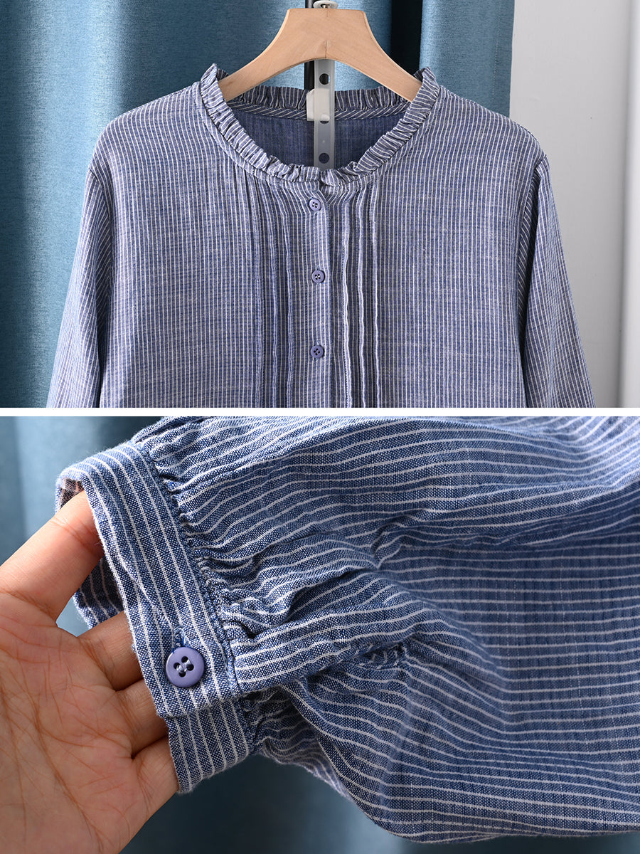 Artsy Women Autumn Lattice Shirred 100%Cotton Shirt