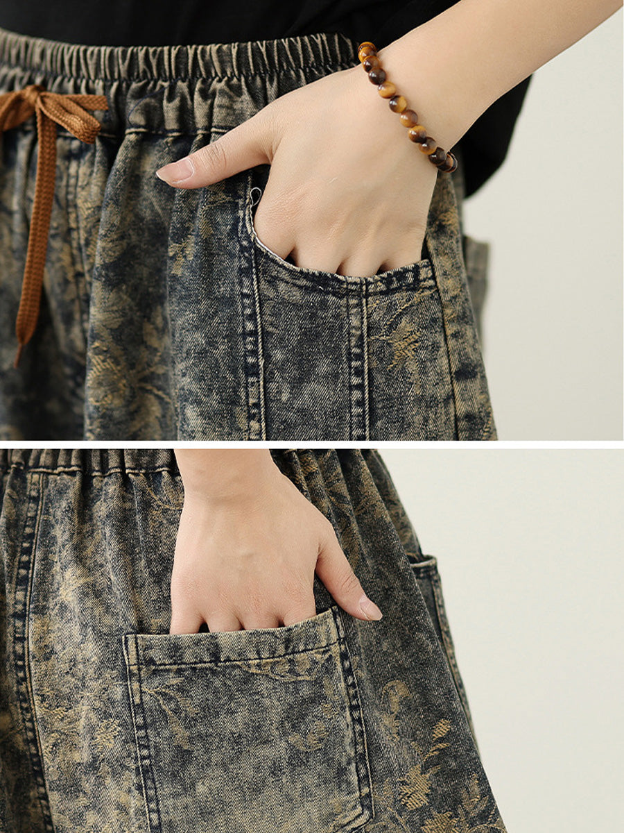 Denim Flower Retro Autumn Harem Women Pants