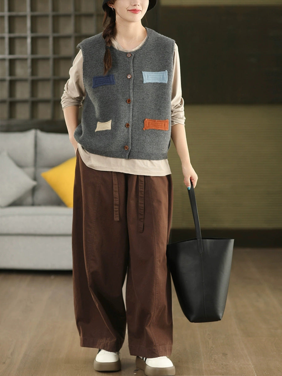 100%Cotton Autumn Knitted O-Neck Women Vest Artsy Patch
