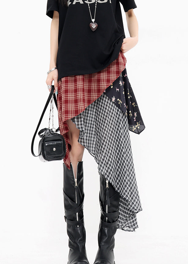 Summer Plaid Beautiful Cotton Skirts Red Asymmetrical