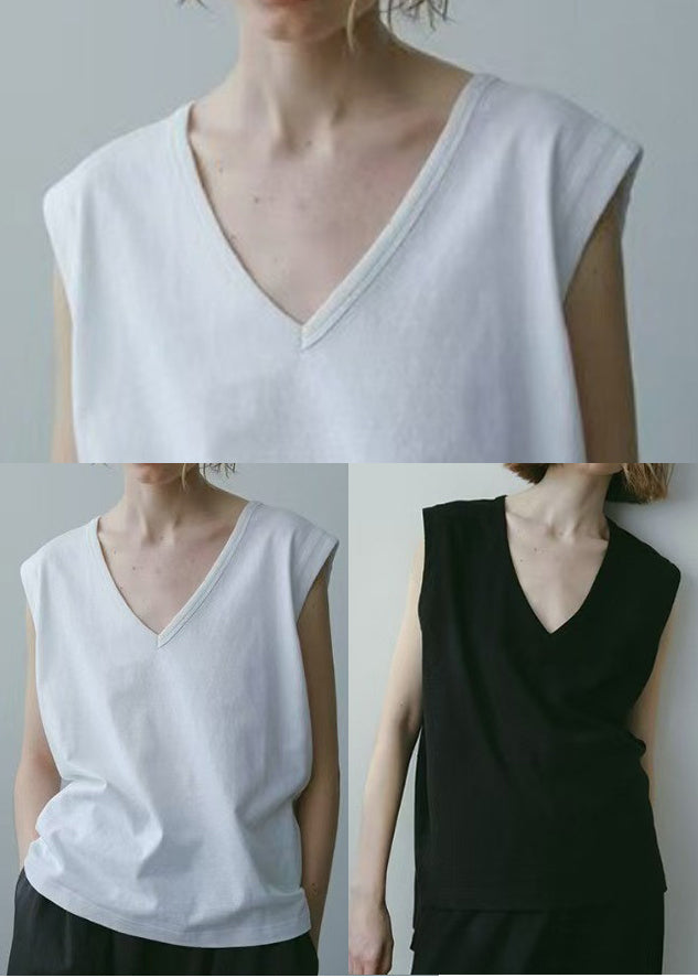Tank Neck Cotton V Tops Black Sleeveless