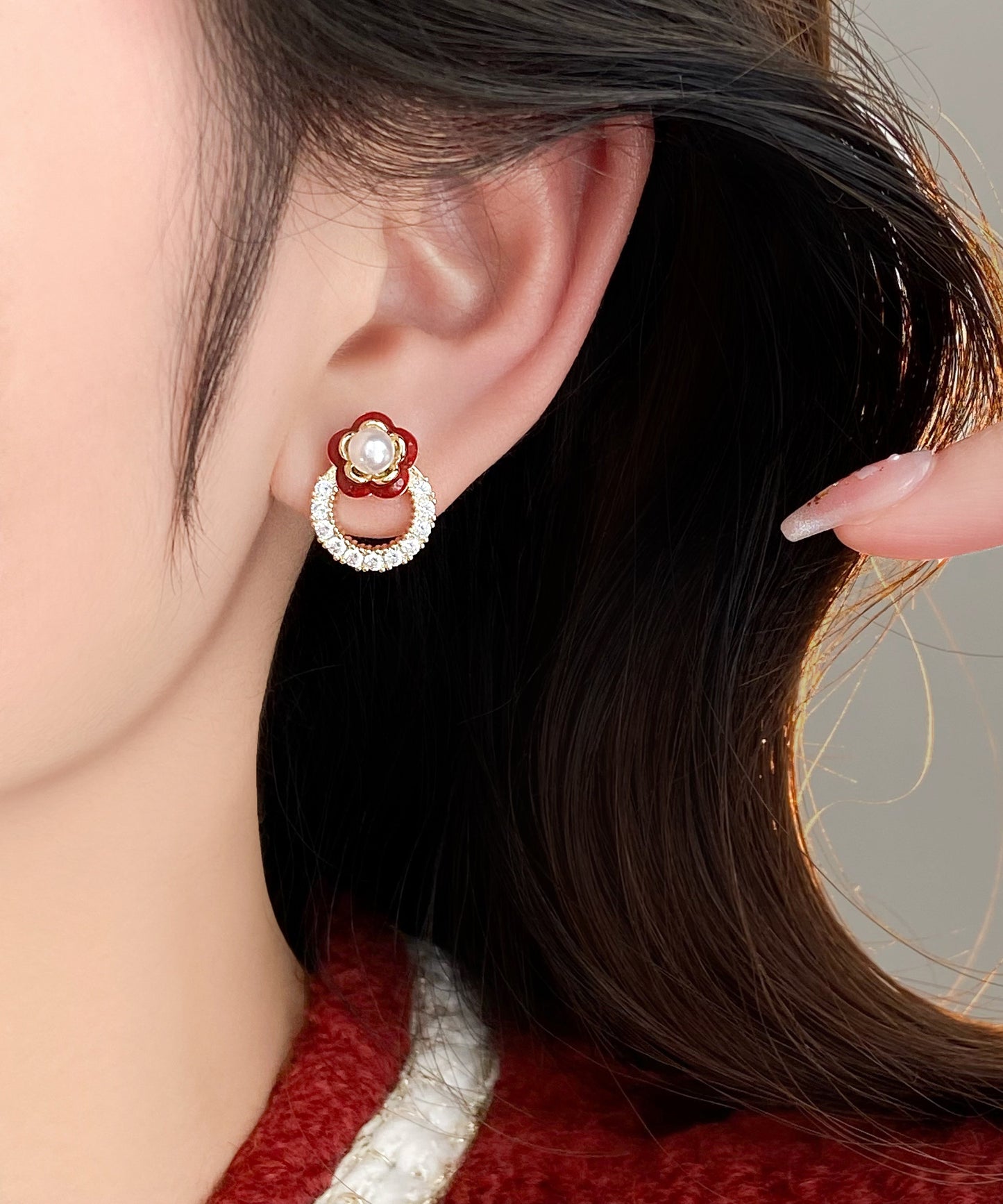 Red Stud Camellia Zircon Earrings Copper Flower Alloy Chic