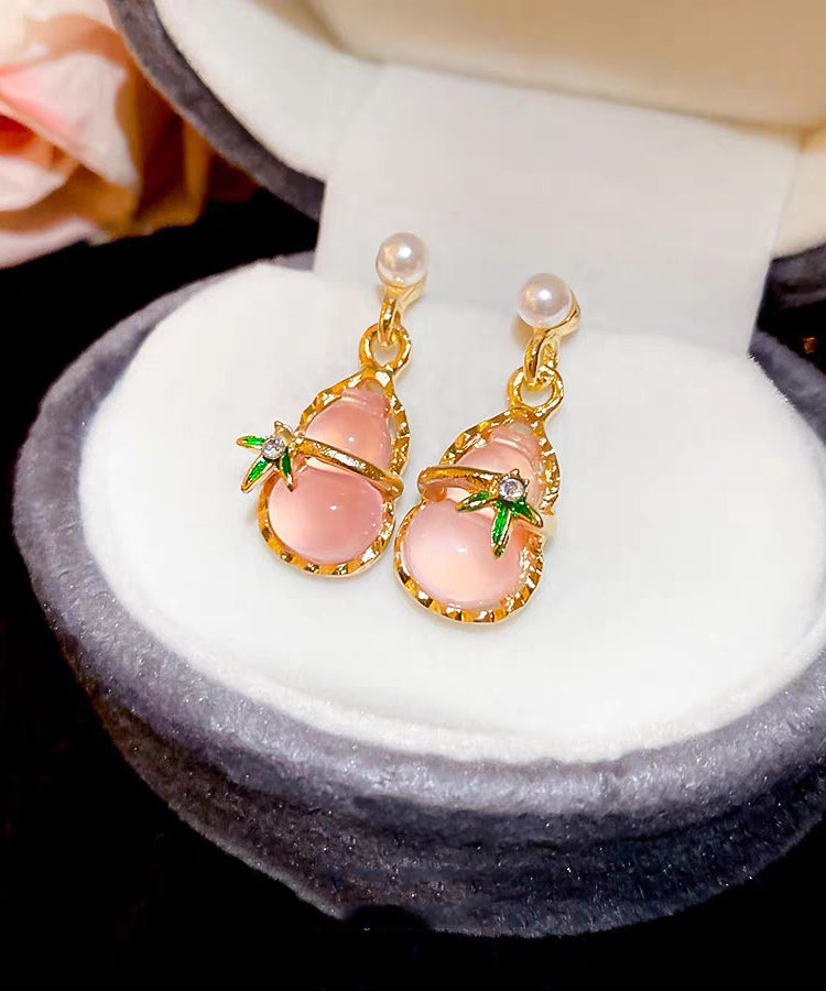 Out Alloy Pink Resin Cute Earrings Drop Calabash Zircon Hollow