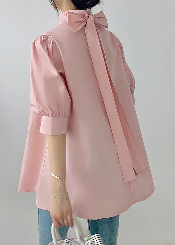 Stand Chiffon Collar Coffee Sleeve Shirts Fine Half Bow