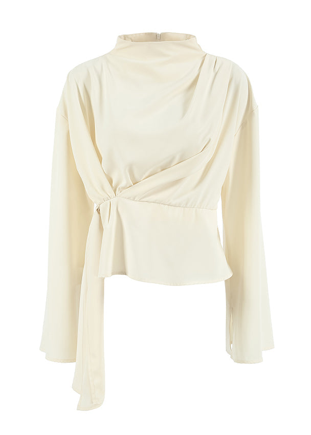 Neck High Sleeves Irregular Shirt Semi Beige Long French Chiffon