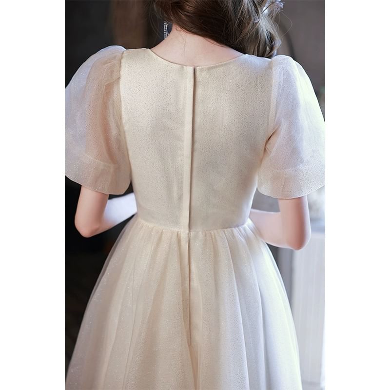 Short-Sleeve V-Neck Mesh A-Line Evening Gown