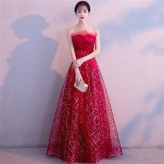 Strapless Glitter Mesh Maxi Evening Gown