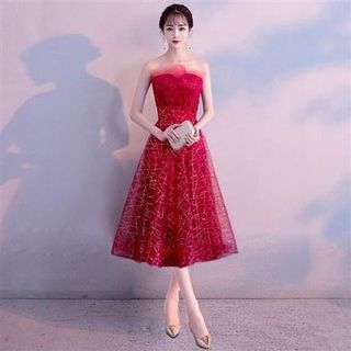 Strapless Glitter Mesh Cocktail Dress