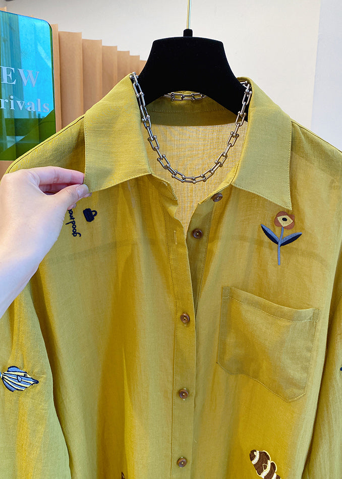 Shirt Embroidered Natural Peter Tops Collar Pan Yellow Cotton