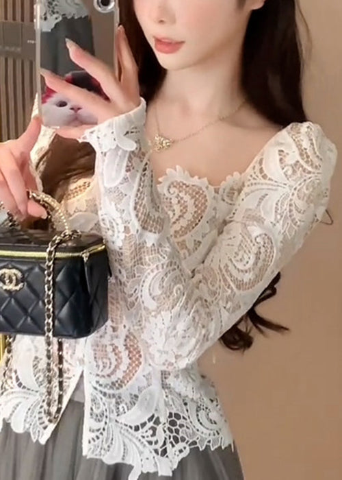 Out White Slim Hollow Fit Fall Collar Shirt Square Lace