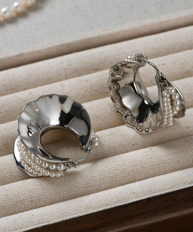 Earrings Sterling Silk Style Hoop Silver Pearl