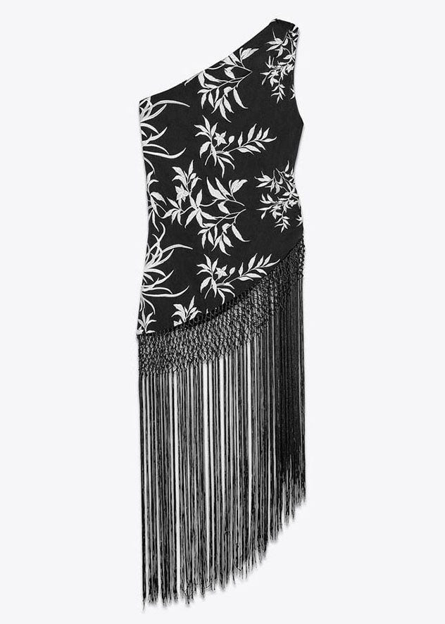 Cotton Black Stylish Sleeveless Tasseled Tops Asymmetrical