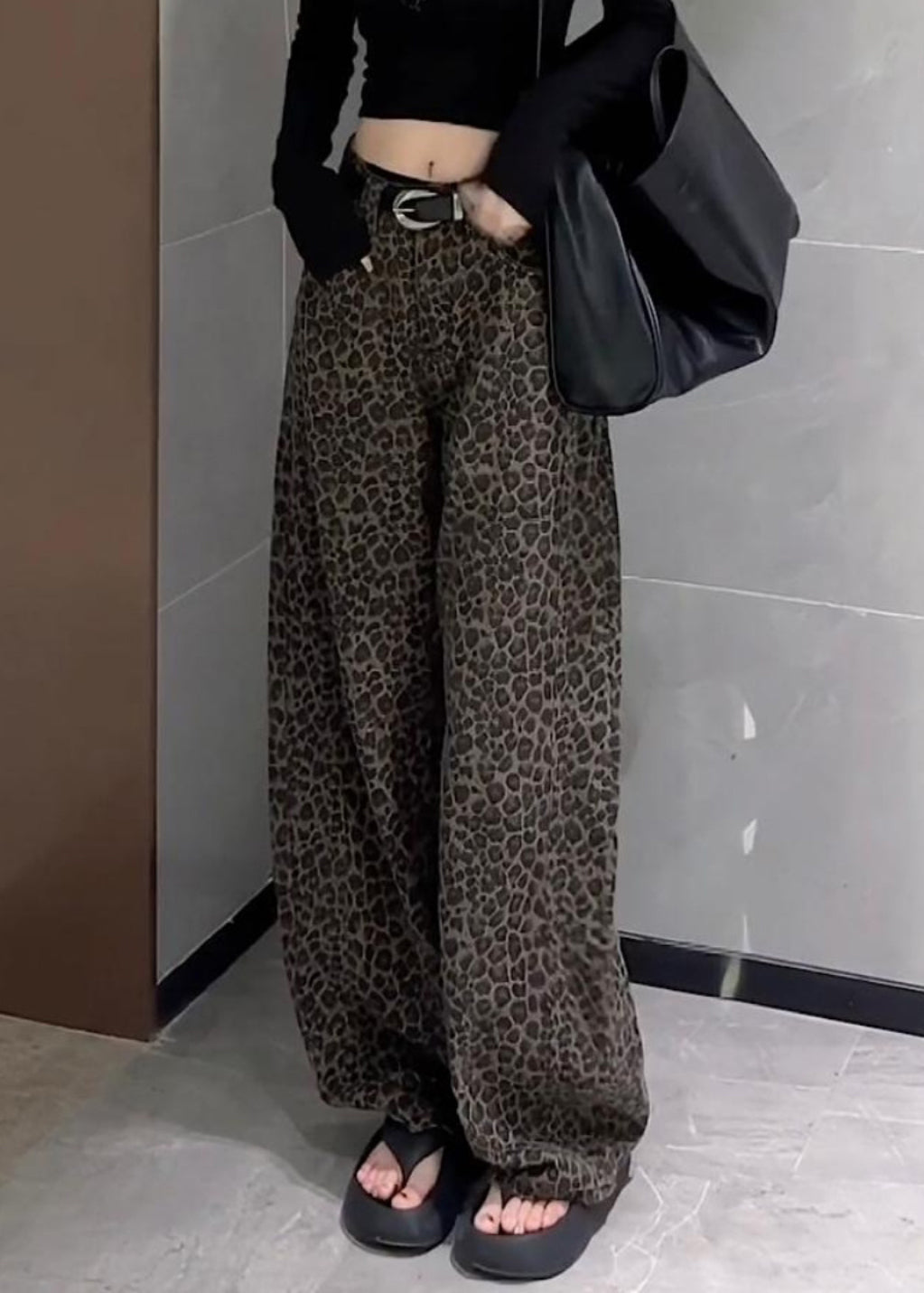Leg Leopard Pockets Denim Fall High Unique Pants Waist Wide