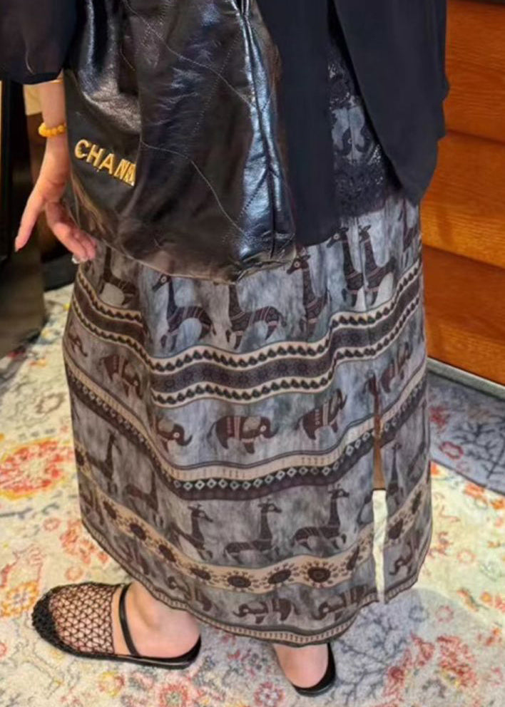 Waist Elastic Vintage Print Summer Side Skirt Open Cotton