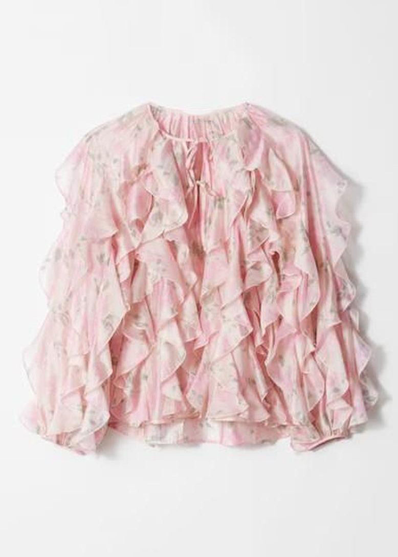 Fall Women Ruffled Pink Chiffon Patchwork Tops Shirt