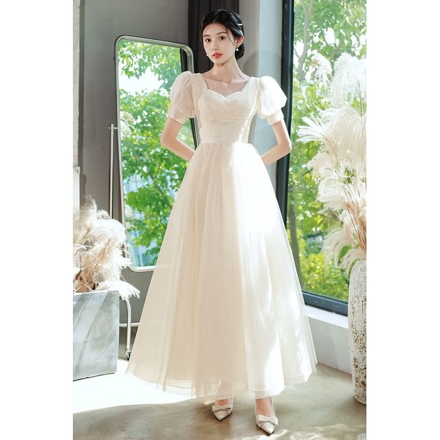 Short-Sleeve V-Neck Glitter A-Line Evening Gown / Party Dress