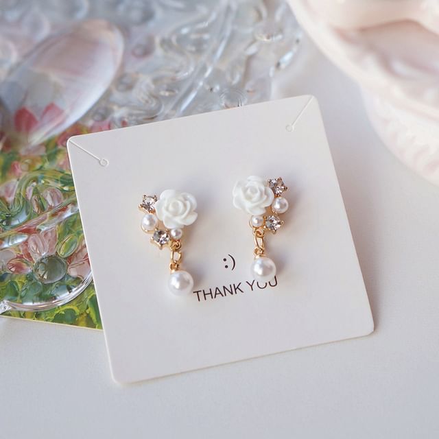 / Clip-On Faux Earring Pearl Floral Rhinestone Drop