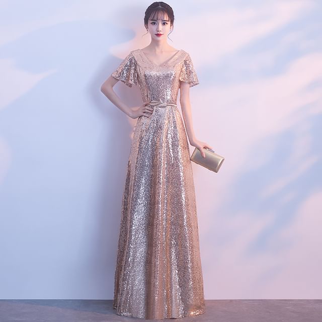 Short-Sleeve V-Neck Sequin Maxi A-Line Evening Dress