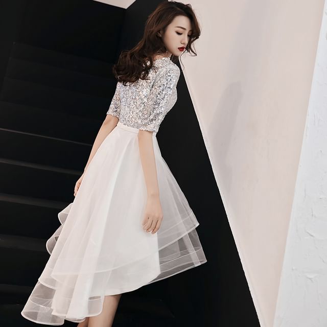 Short-Sleeve Sequin Mesh Panel A-Line Cocktail Dress (Various Designs)