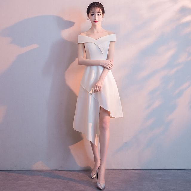 Sleeveless Off Shoulder Plain Asymmetrical A-Line Dress