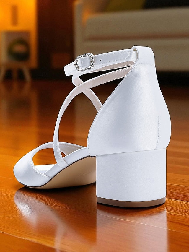 - Elegant Women's Satin Sandals Ankle Strap Heel Block with