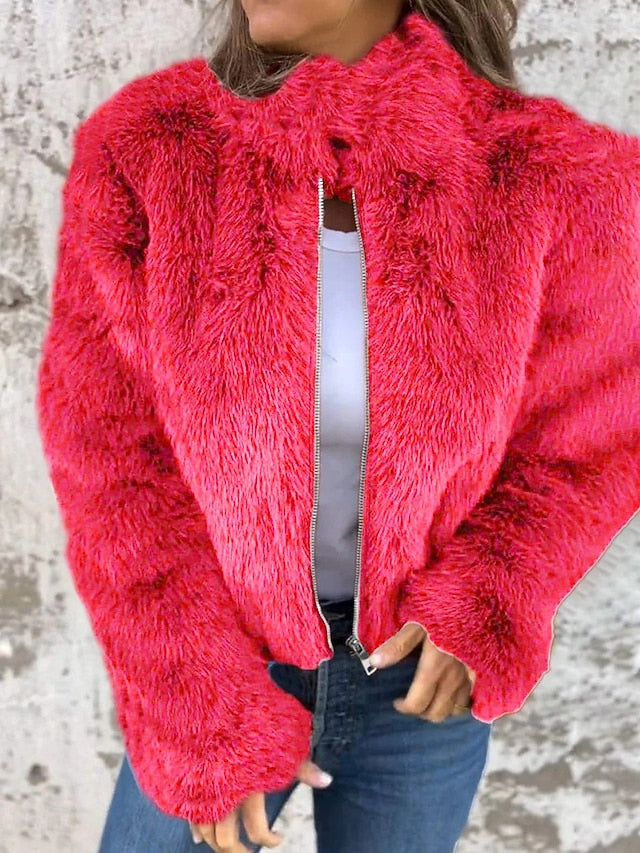 Fur Breathable Plain Women's Faux Warm Zipper Coat Casual
