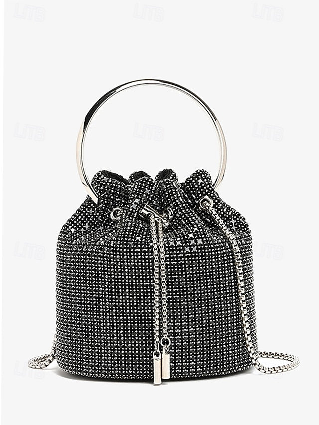 Silver with Rhinestone Women's Bucket Bag Sparkling Metal