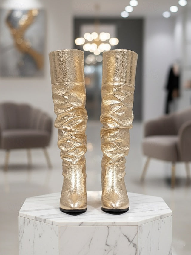 Slouch Knee - Gold Boots Women's Metallic Party High Shiny