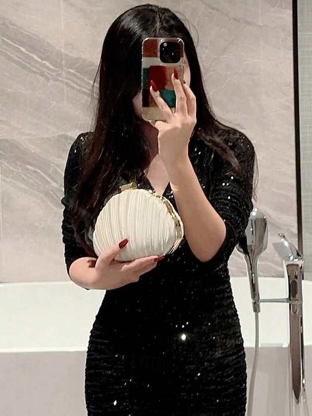 Pleated Women's Evening Satin Shell Clutch Purse