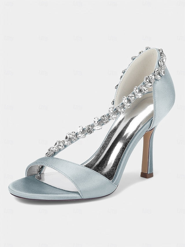 Heels – High Crystal Women's Champagne with T-Strap Satin