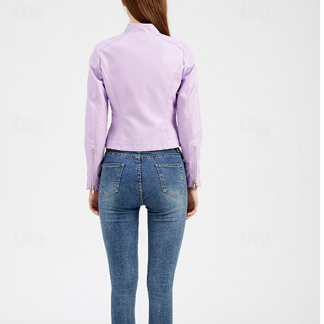 Jacket Zipper Pocket Leather Comfortable Faux Women's