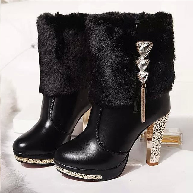 - Faux White Boots Fur Heels Rhinestone Women's with Ankle