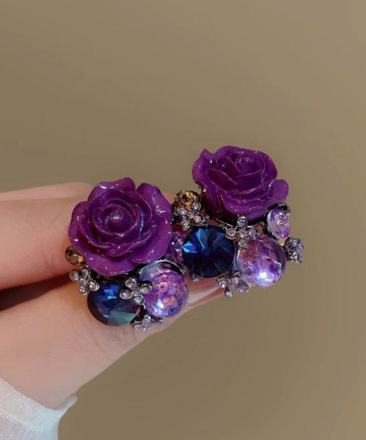 Earrings 2025 Stud Alloy Floral New Purple Zircon