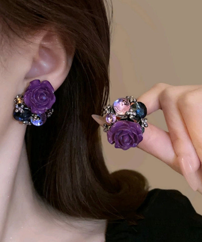 Earrings 2025 Stud Alloy Floral New Purple Zircon