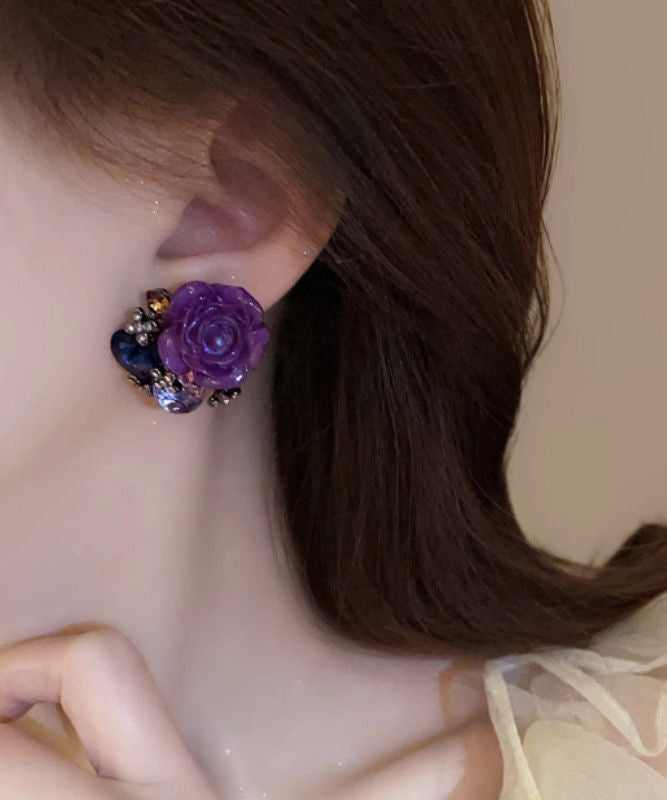 Earrings 2025 Stud Alloy Floral New Purple Zircon