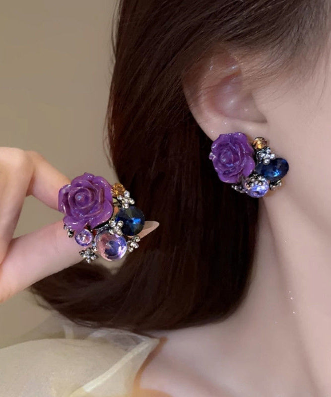 Earrings 2025 Stud Alloy Floral New Purple Zircon