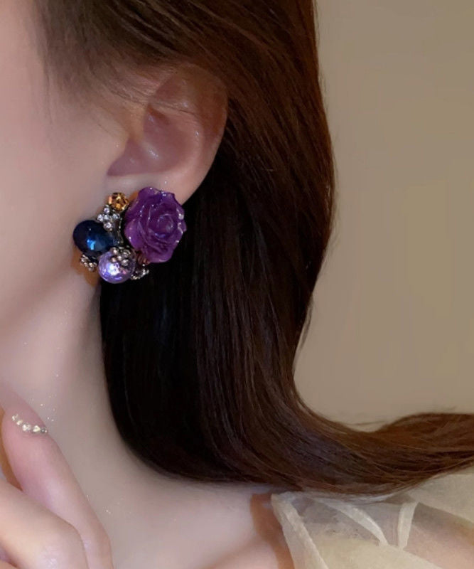 Earrings 2025 Stud Alloy Floral New Purple Zircon