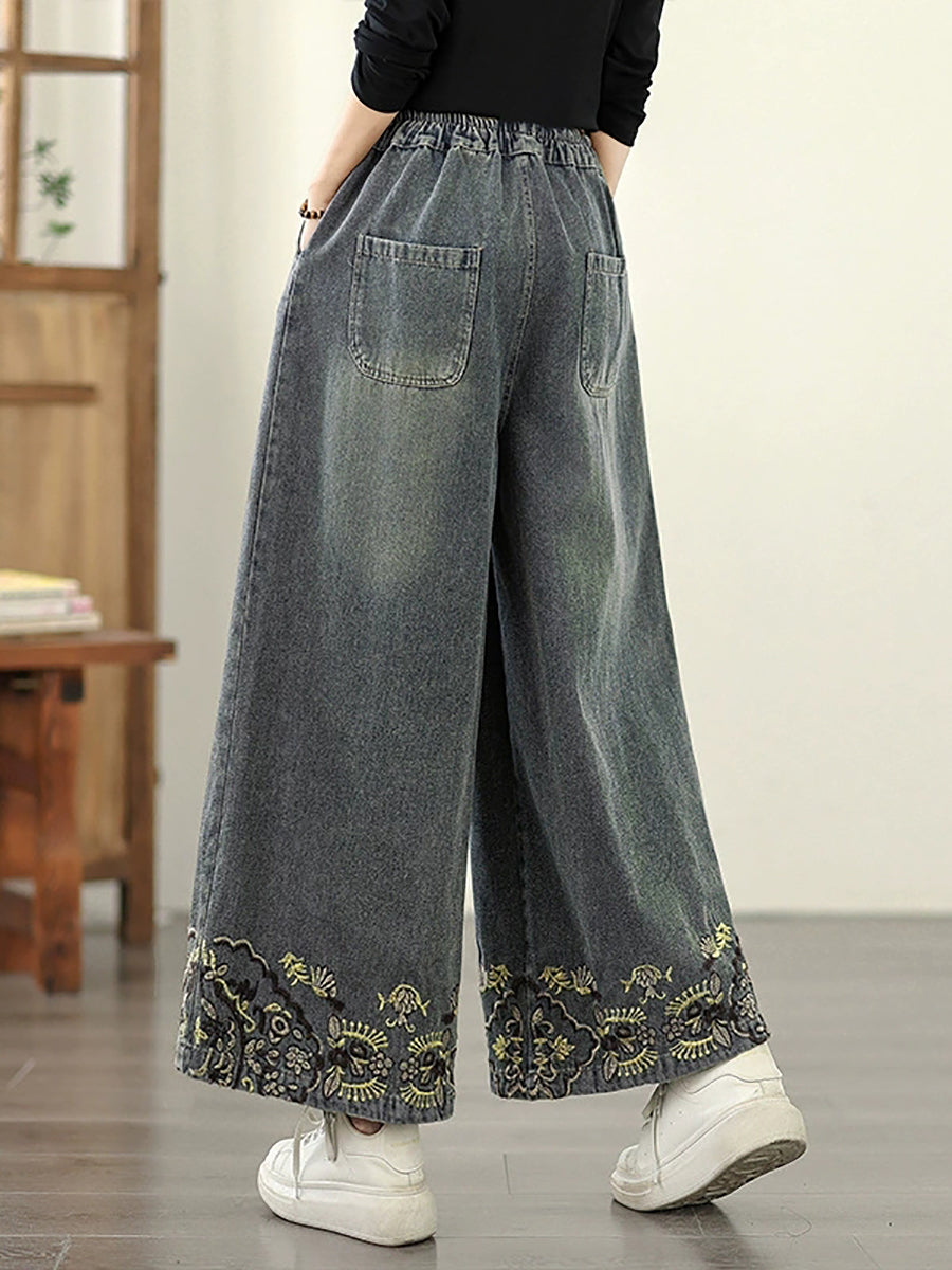 Women Wide-leg Autumn Retro Pants Embroidery Denim