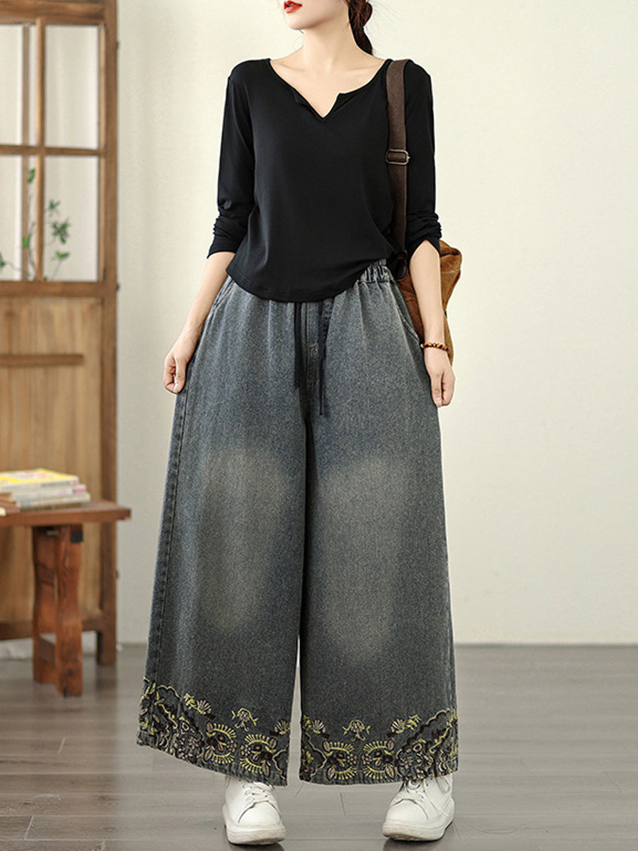 Women Wide-leg Autumn Retro Pants Embroidery Denim