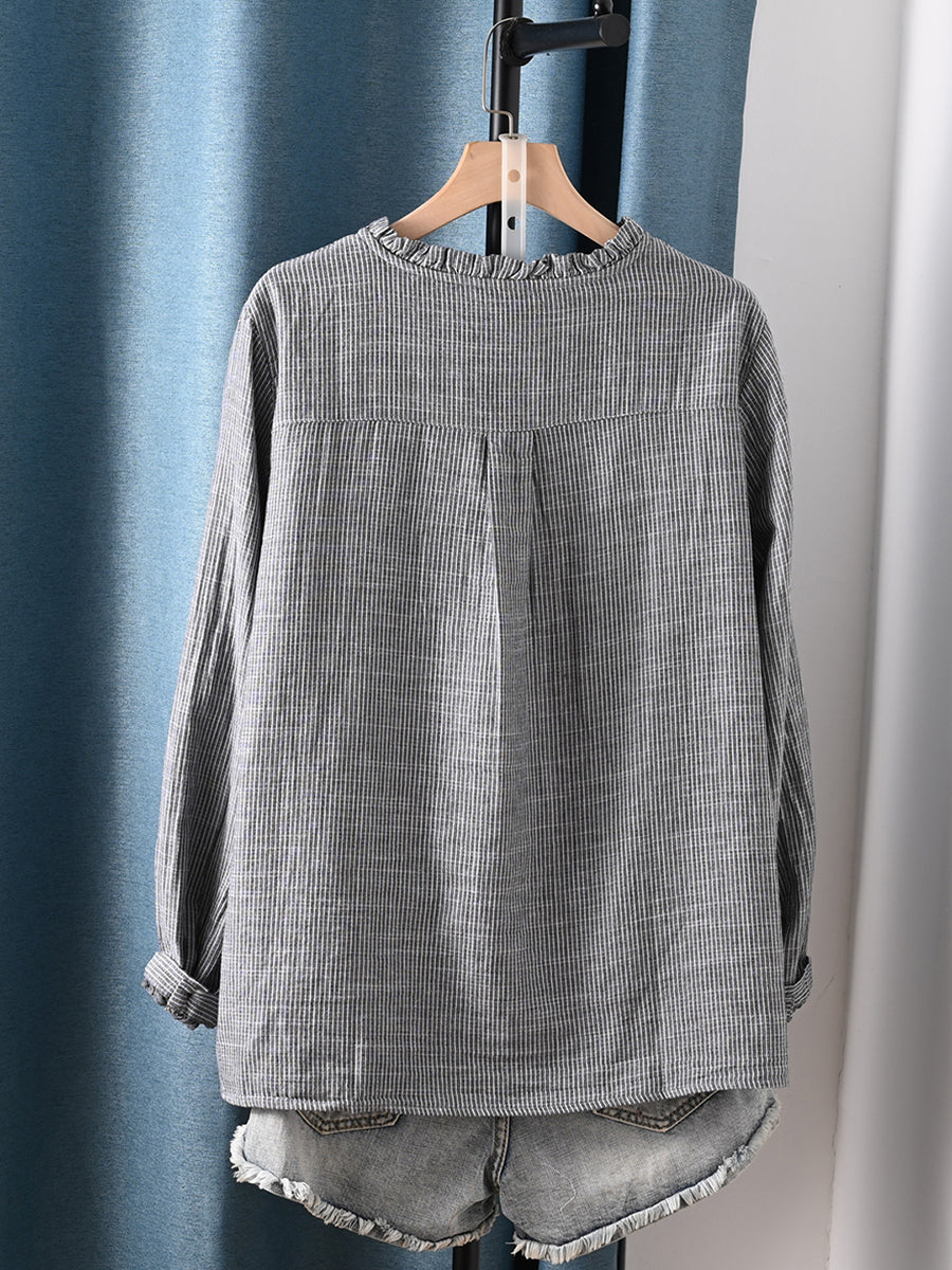 Artsy Women Autumn Lattice Shirred 100%Cotton Shirt