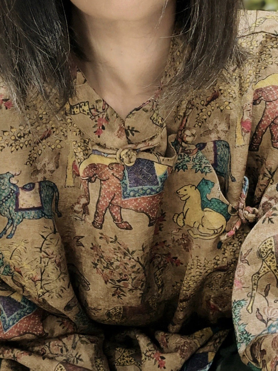 Collar Stand Autumn Shirt Ethnic Women Print