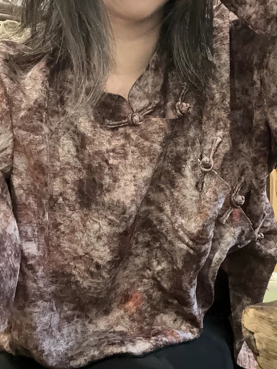 Collar Stand Autumn Shirt Ethnic Women Print