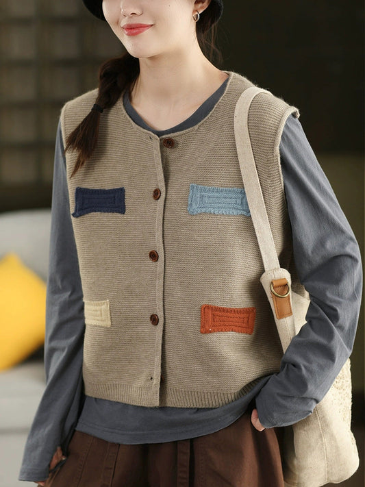 100%Cotton Autumn Knitted O-Neck Women Vest Artsy Patch