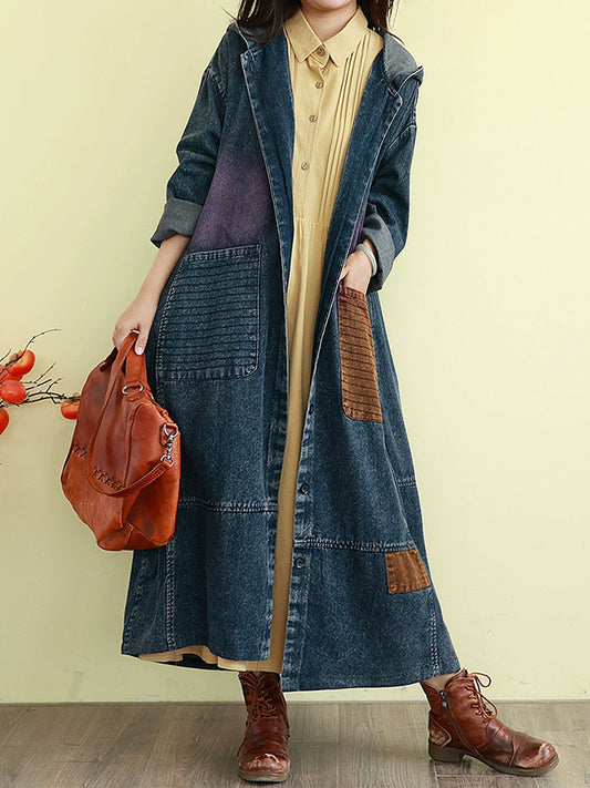 Colorblock Coat Denim Autumn Hooded Women Long