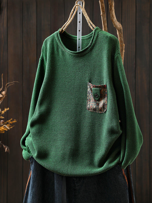 O-Neck Knitted Women Autumn Patch Sweater Artsy Pocket