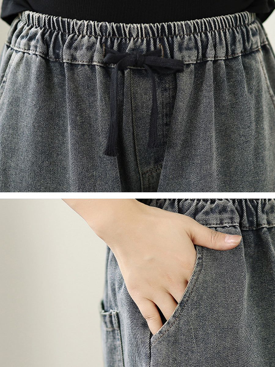 Women Wide-leg Autumn Retro Pants Embroidery Denim