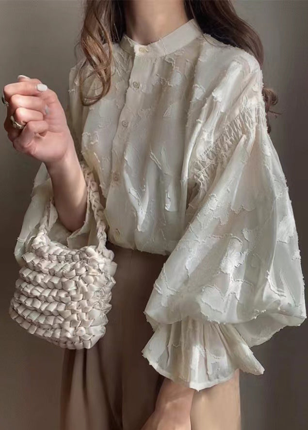 Shirt Apricot Sheer Chiffon Lantern Jacquard Sleeve