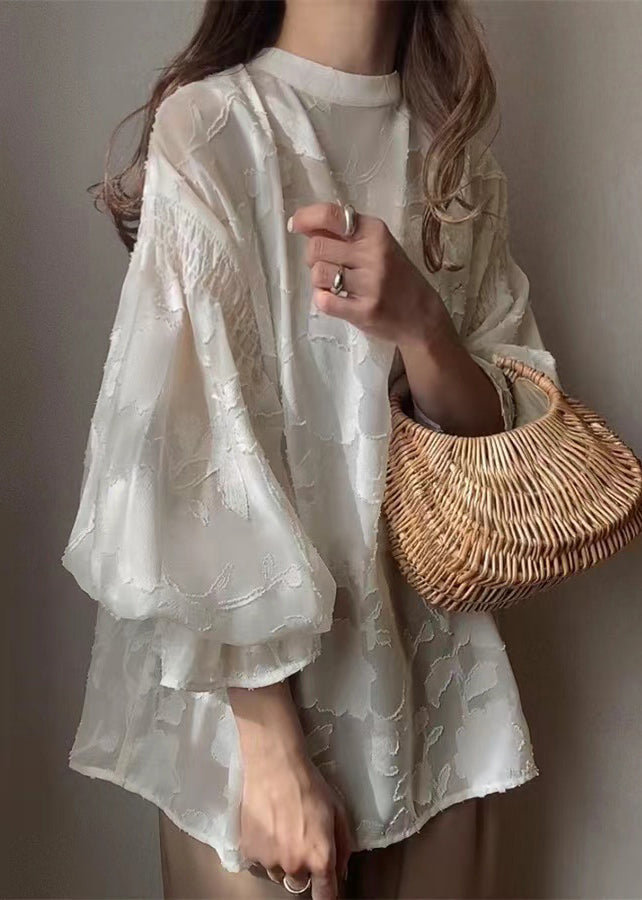 Shirt Apricot Sheer Chiffon Lantern Jacquard Sleeve