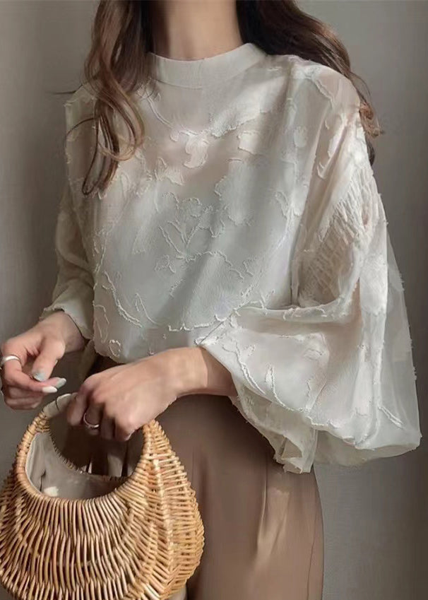 Shirt Apricot Sheer Chiffon Lantern Jacquard Sleeve